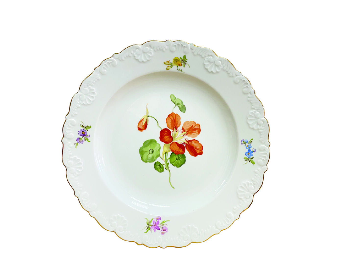 上海拍卖行2025年秋季古董珍玩拍卖会 德国梅森手绘德国之花描金点心盘(直径:22cm)