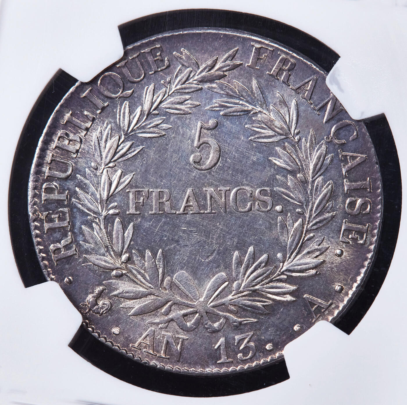 【俄甄集藏】“万象更新、马呈祥瑞”迎新春俄甄精品场-2026年(047)01-21 星期三 晚 19:30 全场包邮 法国1805年拿破仑一世共和版5法郎大银币，NGC MS62，紫罗兰酱彩老包浆，转光品相，味道一流，名誉品种