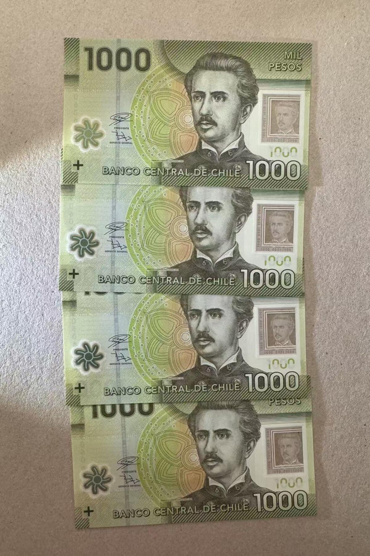 【Blue Auction】世界纸币精拍第776期——18级TOP拍卖/信誉/品质/专业/高效💫 【一组4张AA冠无47】智利 1000比索 全新UNC