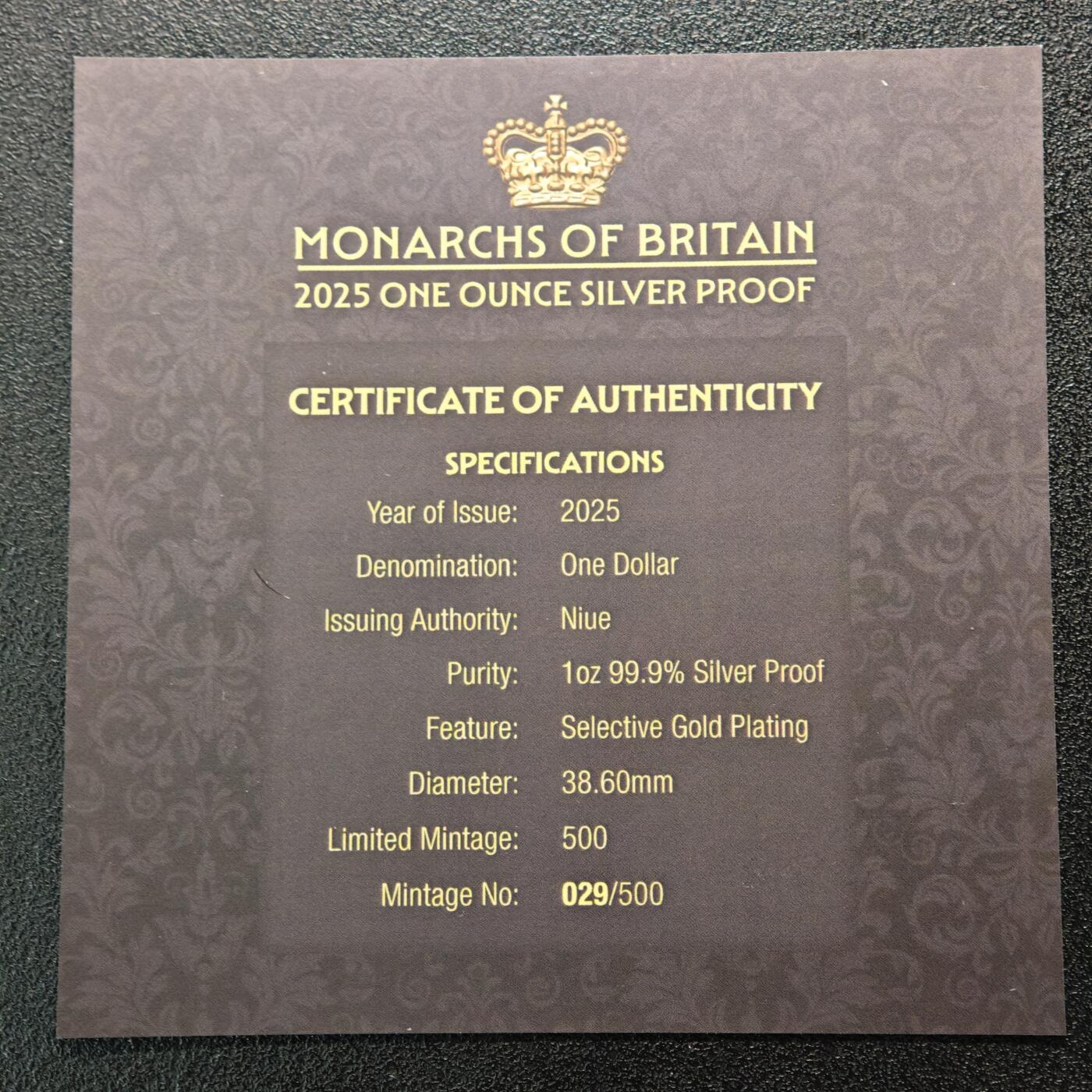 【德藏】世界币章拍卖第162期（拍品征集中~欢迎藏友联系） 2025年 纽埃英国君主局部镀金1元精制纪念银币 原盒 带证书 1盎司 999银 发行量500枚