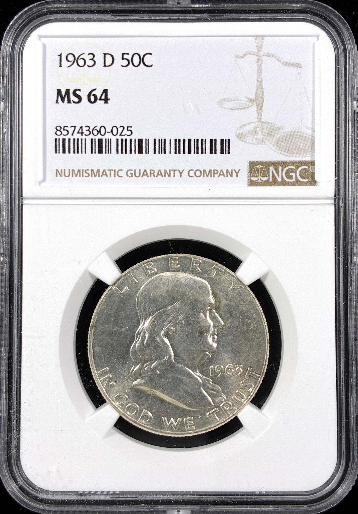 【雨安】【直播拍卖】【第0124期-评级币章】2026-01-17 周六 19:30 [评级美洲] USA 美国 50美分 (1948-1963) 富兰克林 半美元 [12.50 g., 0.900 Silver] 1963年D  NGC-MS64