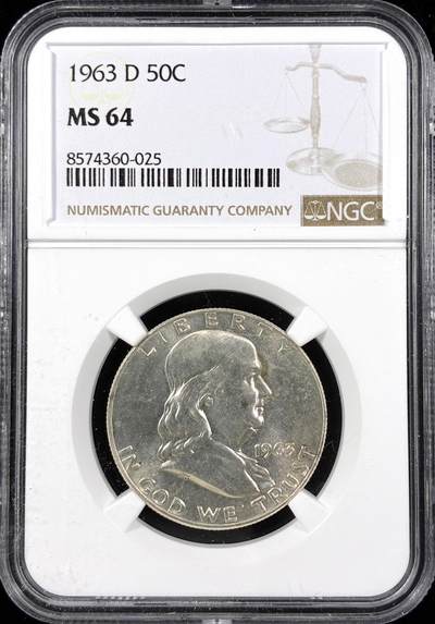 【雨安】【直播拍卖】【第0124期-评级币章】2026-01-17 周六 19:30 - [评级美洲] USA 美国 50美分 (1948-1963) 富兰克林 半美元 [12.50 g., 0.900 Silver] 1963年D  NGC-MS64