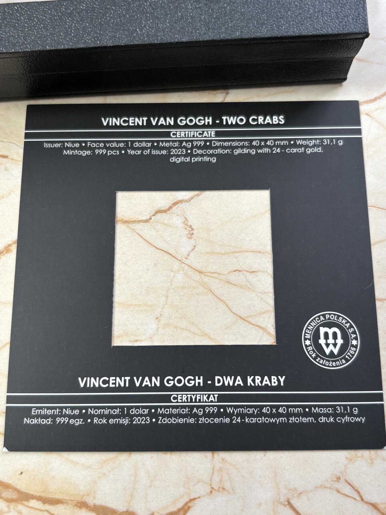 第188期拍卖 纽埃2023年世界名画系列梵高的两只螃蟹镀金彩银币1盎司,999银，发行999枚，