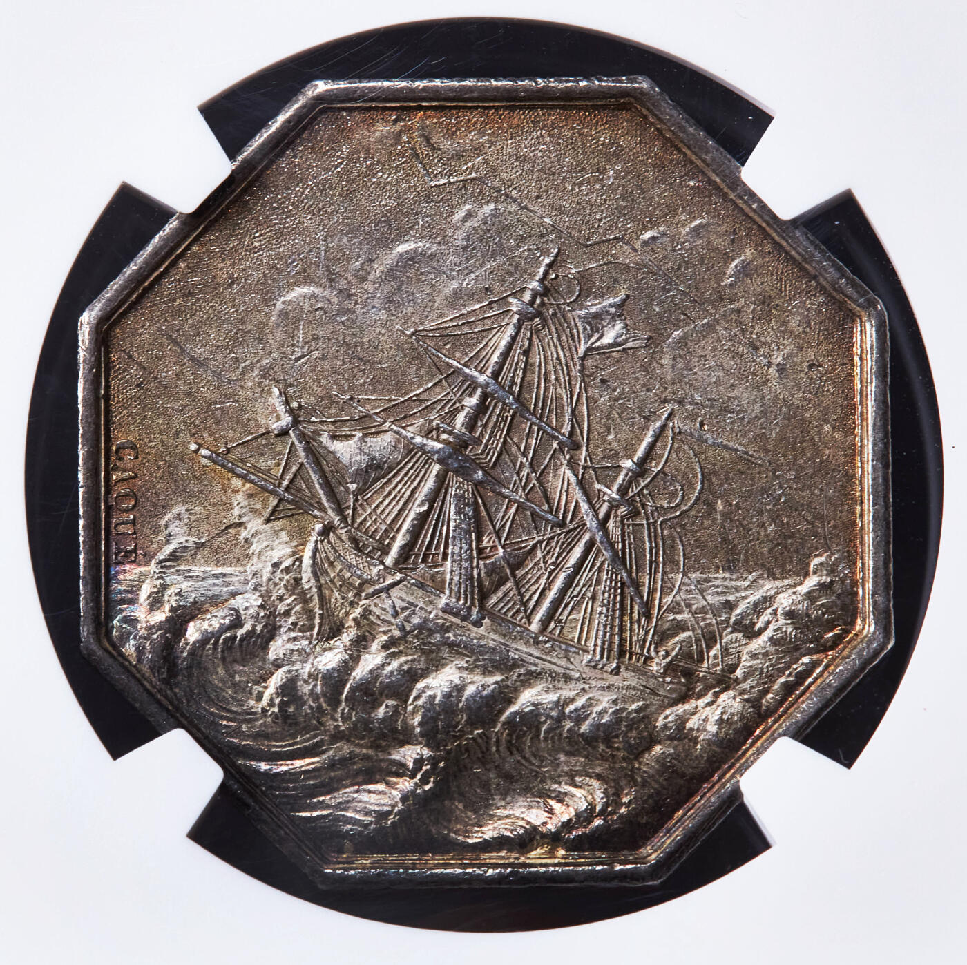 【俄甄集藏】“万象更新、马呈祥瑞”迎新春俄甄精品场-2026年(047)01-21 星期三 晚 19:30 全场包邮 法国1836年海妖梳妆银质八角代用币章（美人鱼打网球），NGC MS61，名誉品，八角目录封面，油灯边铭，黄油彩老包浆