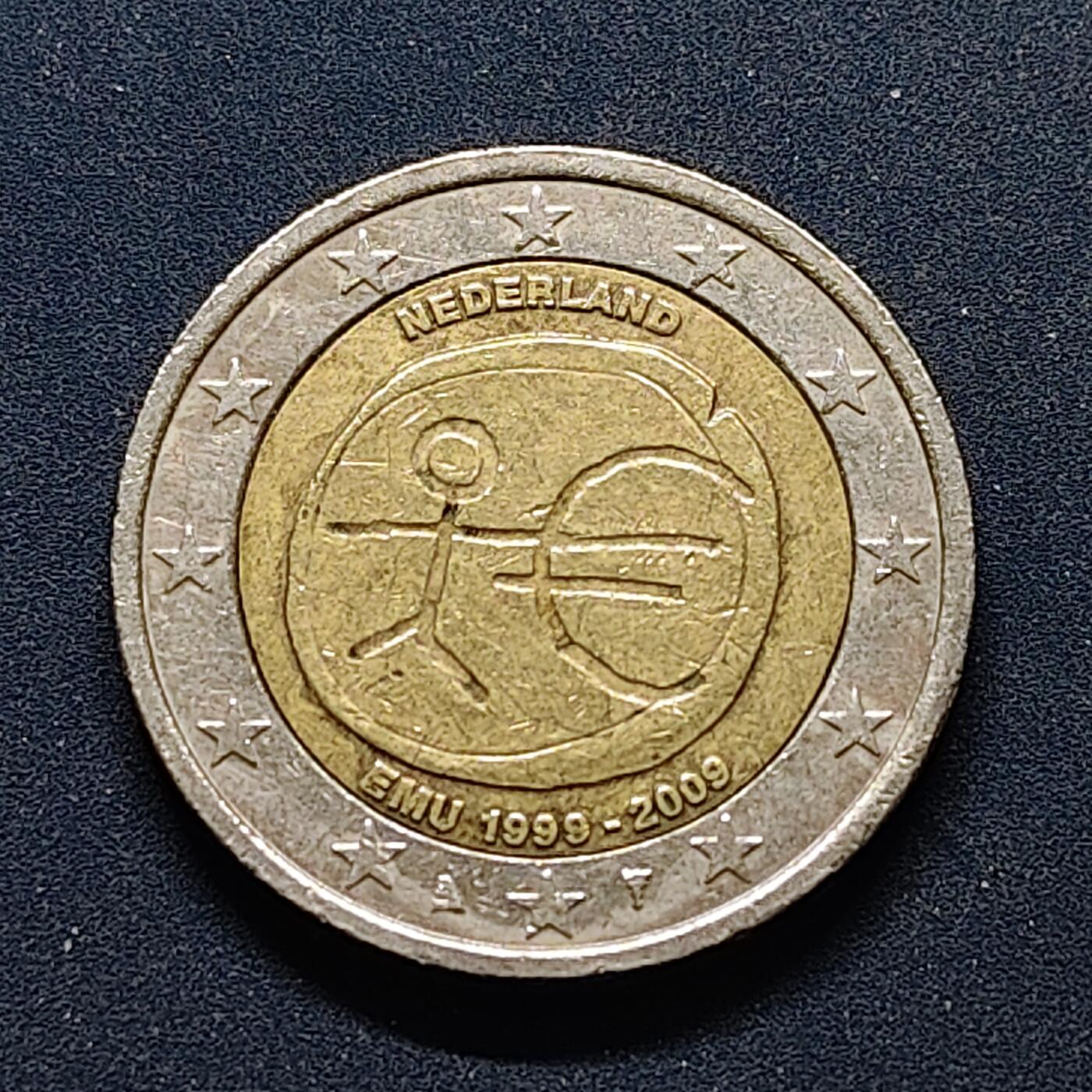 【全场包邮】纯粹捡漏拍494场 荷兰2009年2欧元欧洲货币联盟成立10周年双色纪念币