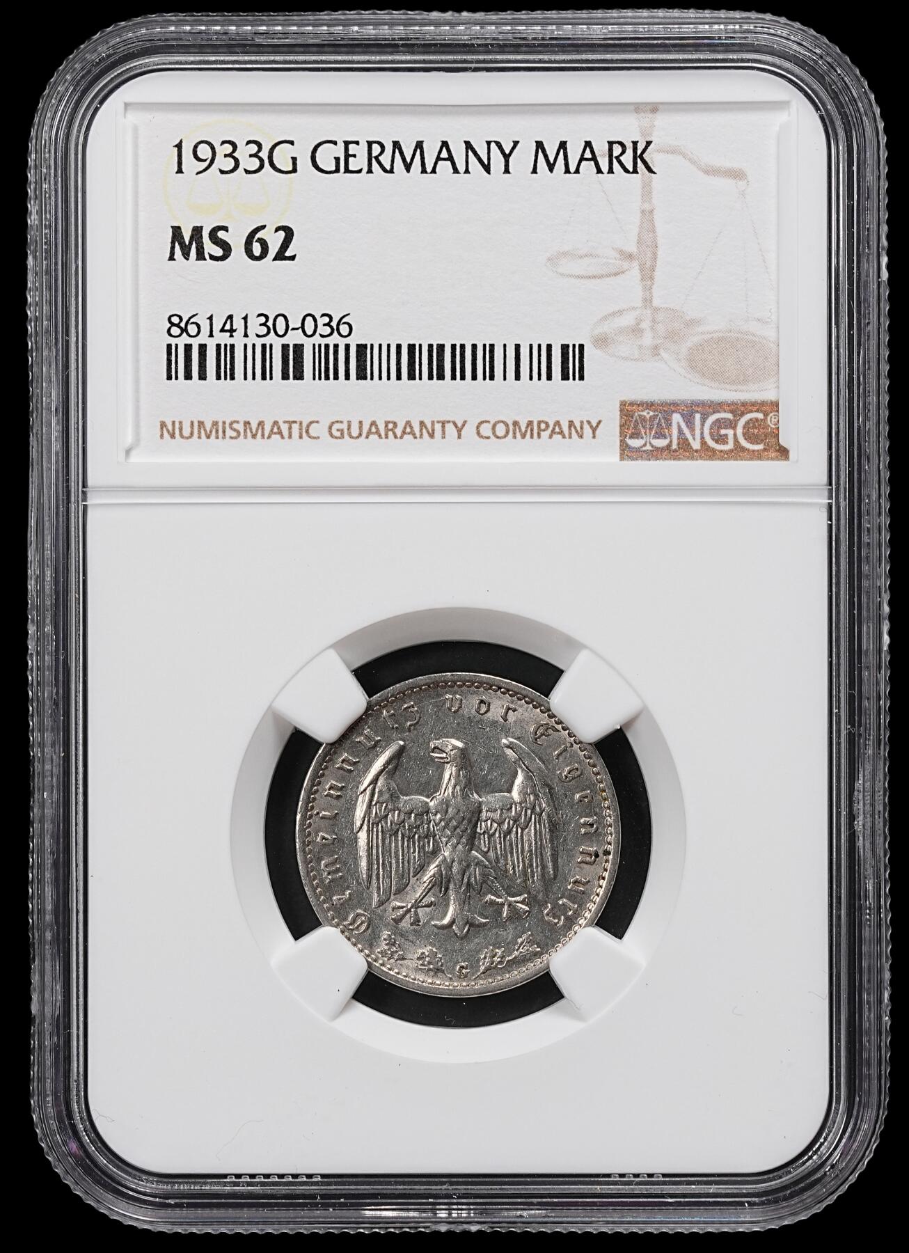 修遠堂世界钱币第101期 NGC MS62 1933年德国1马克 G厂铭 少见的厂铭