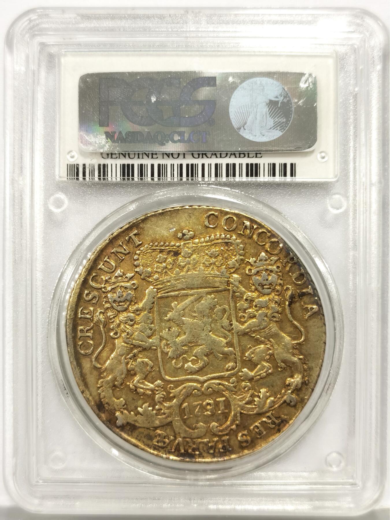 博洋堂世界钱币拍卖第157期（全场包邮） PCGS XF 荷兰1791/81年西弗里斯兰省1杜卡特马剑大银币，骑字年份，金色包浆