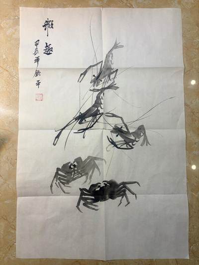 NO.21 好又多金牌大场，新店点关注不迷路！每周一站式配齐，方便凑单！（周6晚8点截拍，卖家送拍0抽成！） - 【国画收藏】郭春雷老师绘 虾趣 带签名盖章收藏证 45*70cm【最是墨浓神足处，一池活水漾鱼虾】