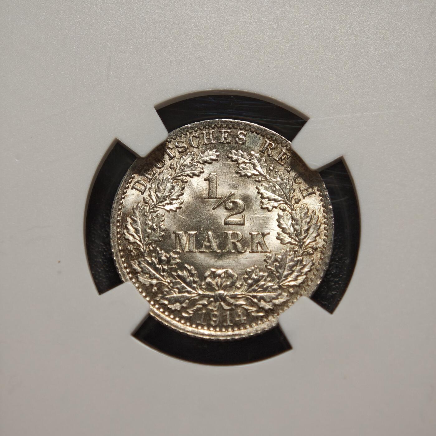 【德藏】世界币章拍卖第162期（拍品征集中~欢迎藏友联系） 1914年 德国1/2马克银币 NGC MS67 原光极强 状态极佳