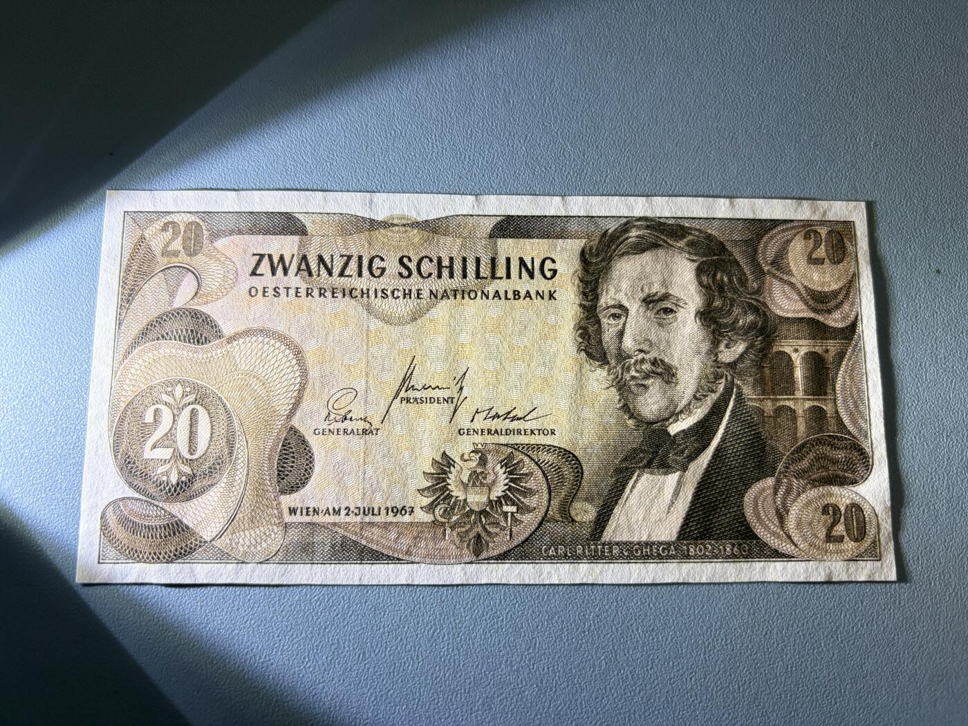 咖啡豆•收藏 2026年Jan_21th世界各国纸币拍卖 奥地利 1967年 20先令 全新UNC 外国纸币