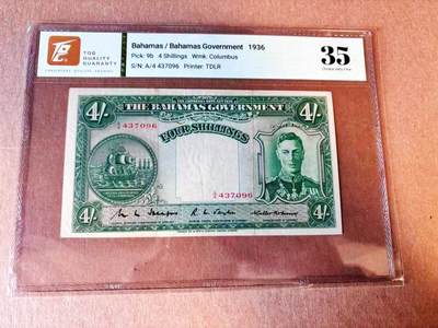 【Blue Auction】世界纸币精拍第776期——18级TOP拍卖/信誉/品质/专业/高效💫 - 【b版】巴哈马 1936年4先令 英王乔六 TQG35