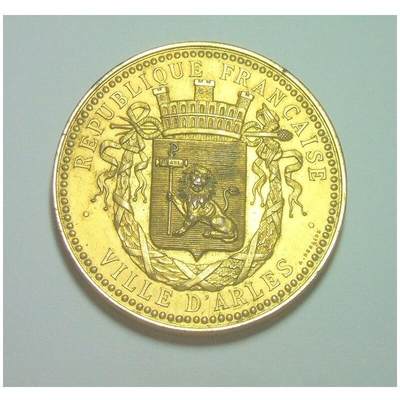 【旋风钱币】1月17日19:00准时开拍 精美欧洲币章、银币银章、第三帝国钱币等 全场包邮！ - 法国1890年阿尔勒市徽 狮子+城堡高浮雕精制大镀金章 50MM