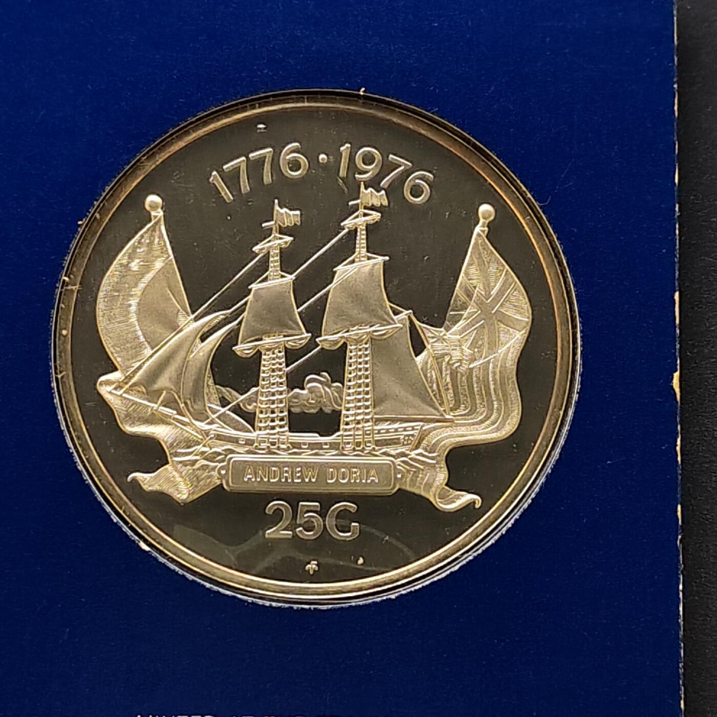 【全场包邮】纯粹捡漏拍495场-持续更新中 荷属安德列斯1976年25盾安德鲁·多利亚号事件200周年精制纪念银币-盒证全银币【45毫米45克，纯银价约832元（按20元银价折算）】