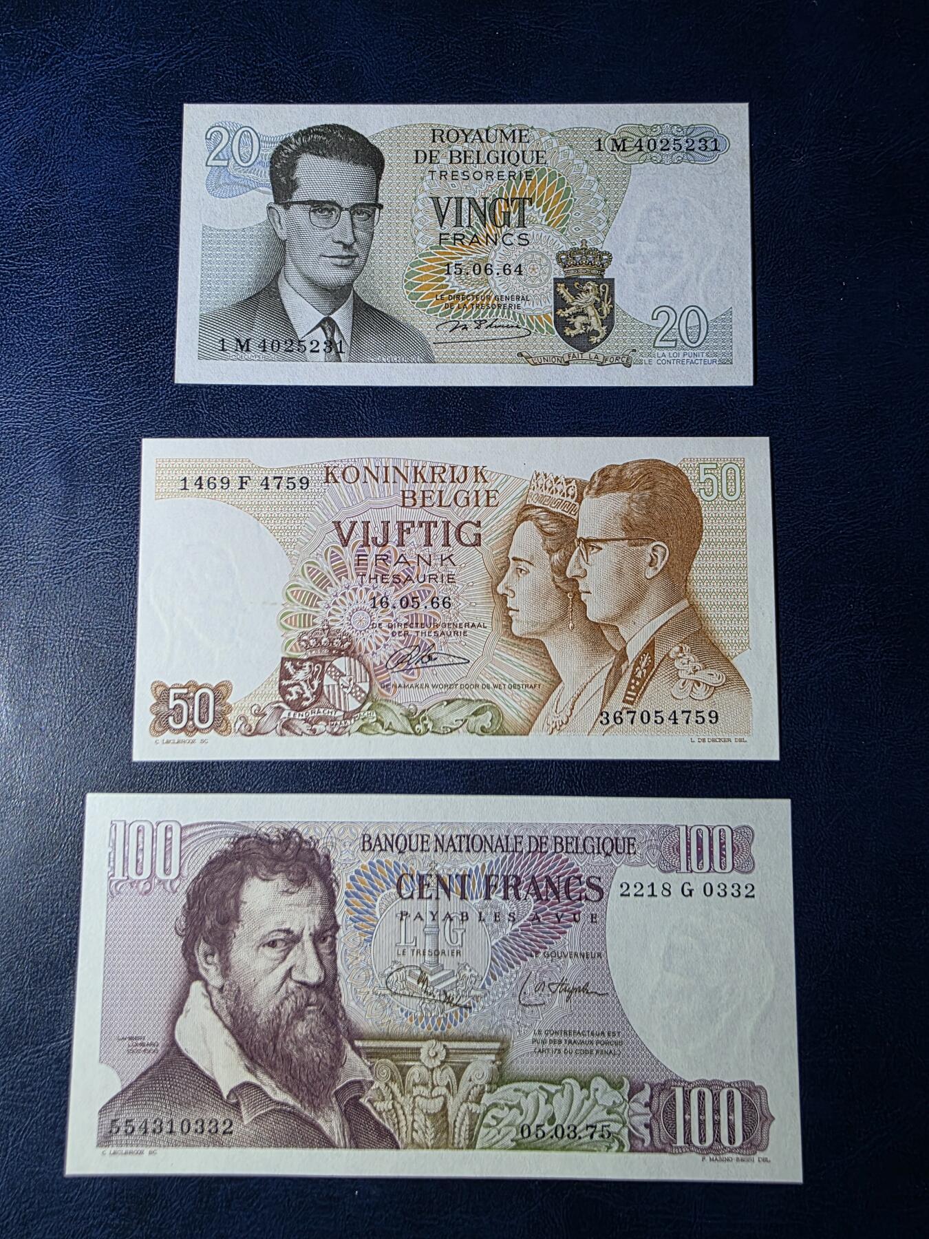 叁拾收藏第34期 比利时倒三版  小面值3张  UNC（20法郎荧光下有斑）