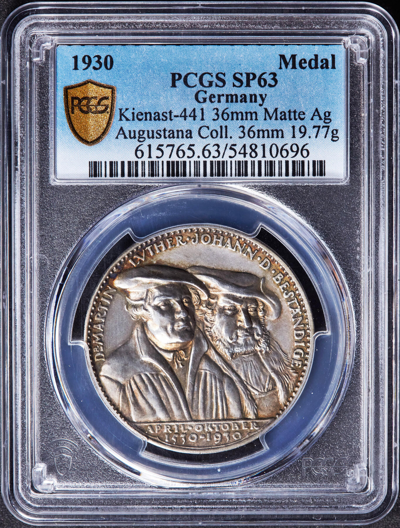 【俄甄集藏】“万象更新、马呈祥瑞”迎新春俄甄精品场-2026年(047)01-21 星期三 晚 19:30 全场包邮 德国魏玛1930年奥格斯堡忏悔400周年纪念银章，PCGS SP63，卡尔·哥茨名作，五彩包浆，设计精美