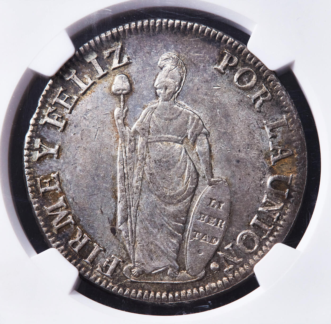 【俄甄集藏】“万象更新、马呈祥瑞”迎新春俄甄精品场-2026年(047)01-21 星期三 晚 19:30 全场包邮 秘鲁共和国1832年利马厂MM版8里亚尔女神站像大银币，NGC MS62，黄油五彩原光品相，经典品种，MS少见