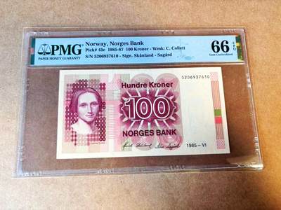 【Blue Auction】世界纸币精拍第776期——18级TOP拍卖/信誉/品质/专业/高效💫 - 挪威 1985年100克朗  PMG66EPQ 