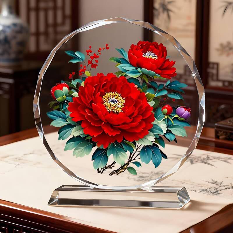 同乐收藏放漏，无佣金 花开富贵摆台牡丹花图客厅书房办公室电视柜卧室桌面亮灯水晶摆件