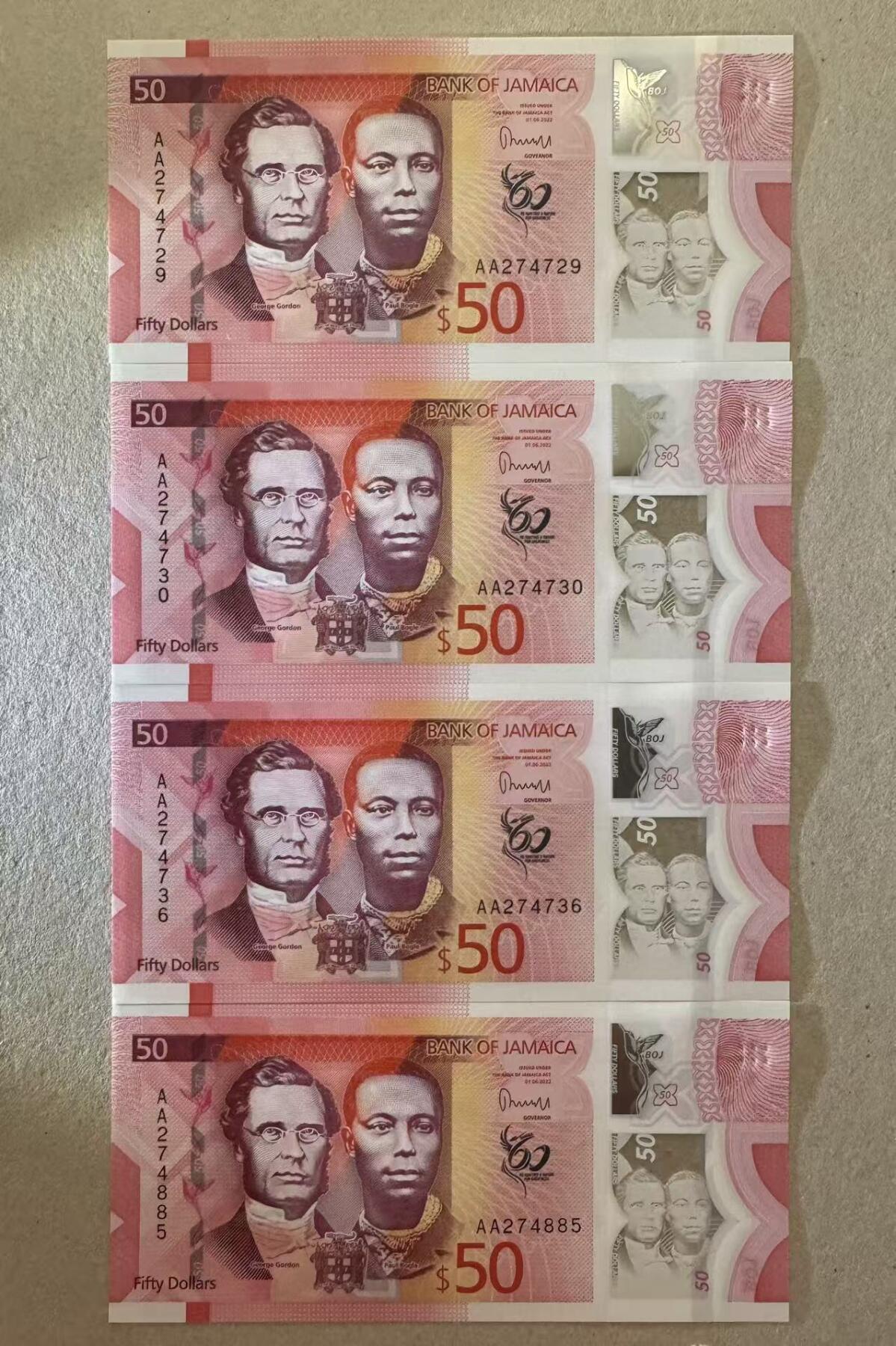 【Blue Auction】世界纸币精拍第776期——18级TOP拍卖/信誉/品质/专业/高效💫 【一组4张AA冠】牙买加 新版50元 全新UNC