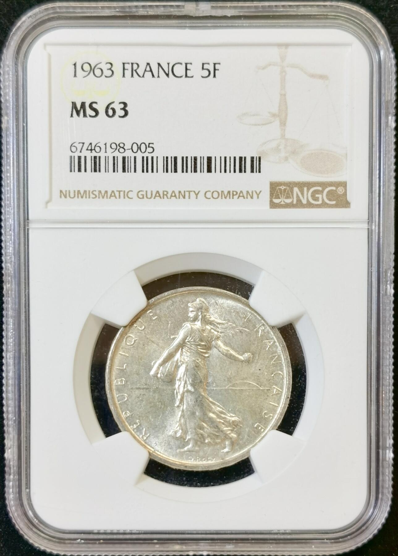 甄臻铺-世界币章拍卖（第48期）精品场拍品征集中，送拍享返佣金等优惠多多 NGC-MS63 1963法国播种女神5法郎银币，转光丝滑，正面边缘带彩，纯银价已近200