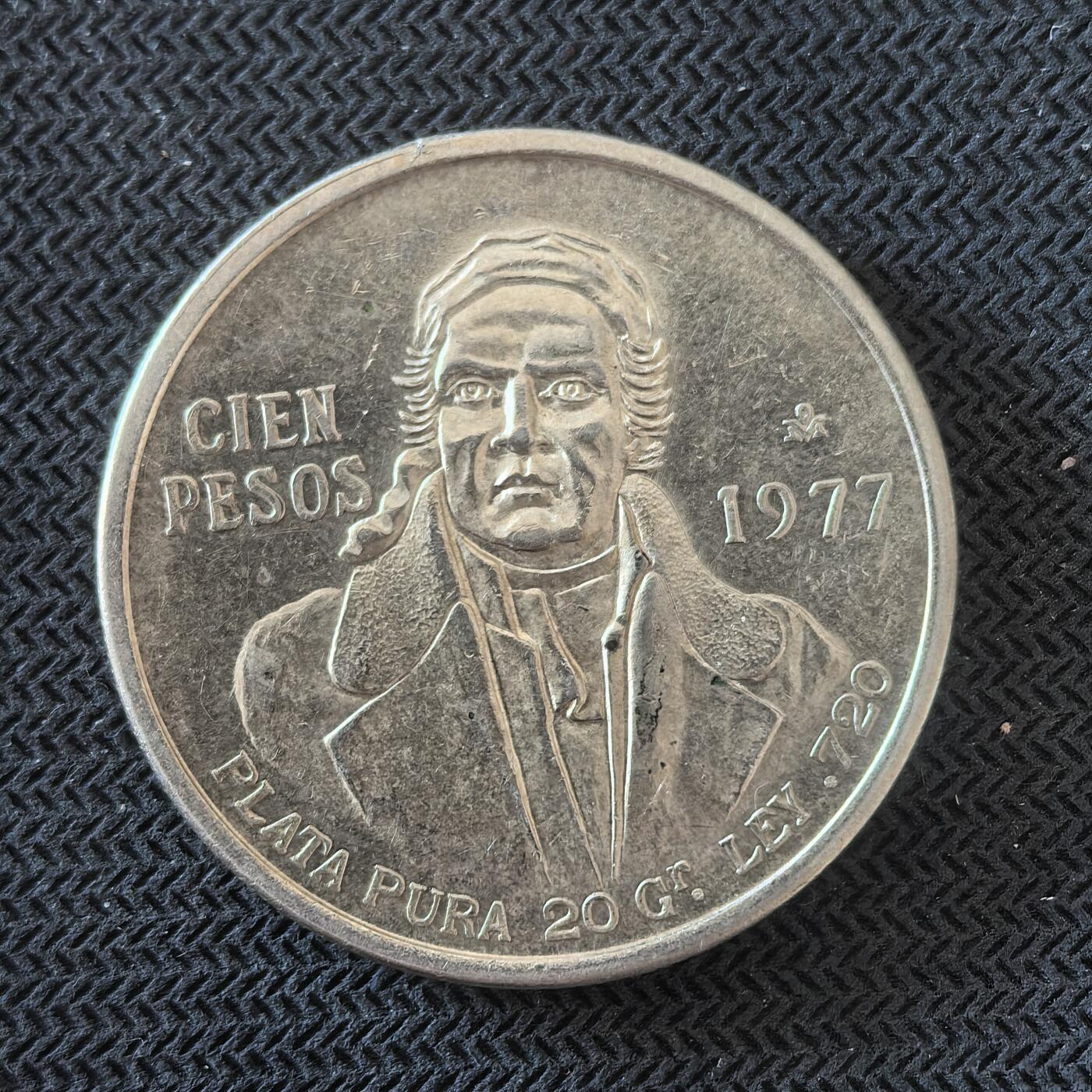 道一币馆币章第一百六十三场 墨西哥1977年莫雷洛斯头像100比索银币 27.77g 720s