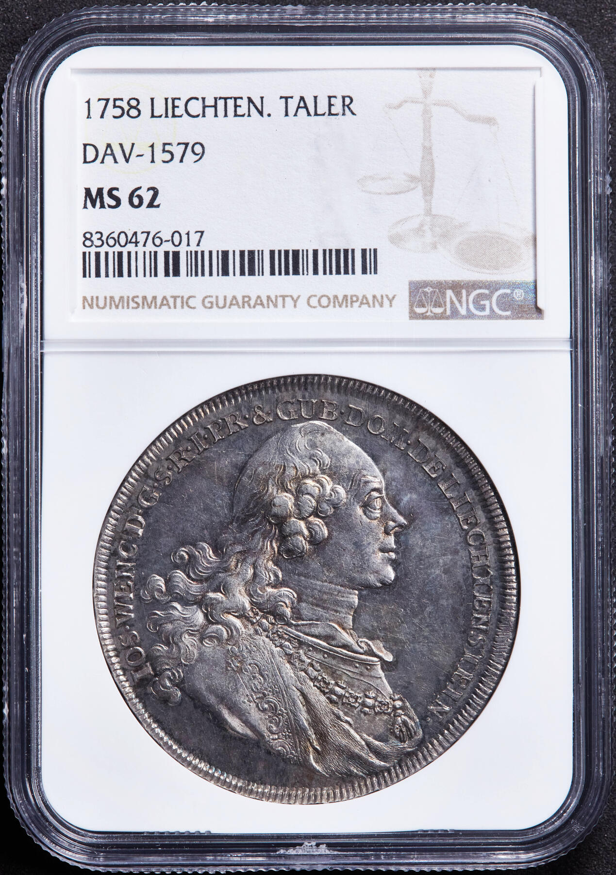 【俄甄集藏】“万象更新、马呈祥瑞”迎新春俄甄精品场-2026年(047)01-21 星期三 晚 19:30 全场包邮 神圣罗马帝国-列支敦士登大公国1758年约瑟夫·文策尔一世天使盾徽1泰勒大银币，NGC MS62，稀有品种，发行量700枚，五彩包浆，原光品相，底板凝霜，季军