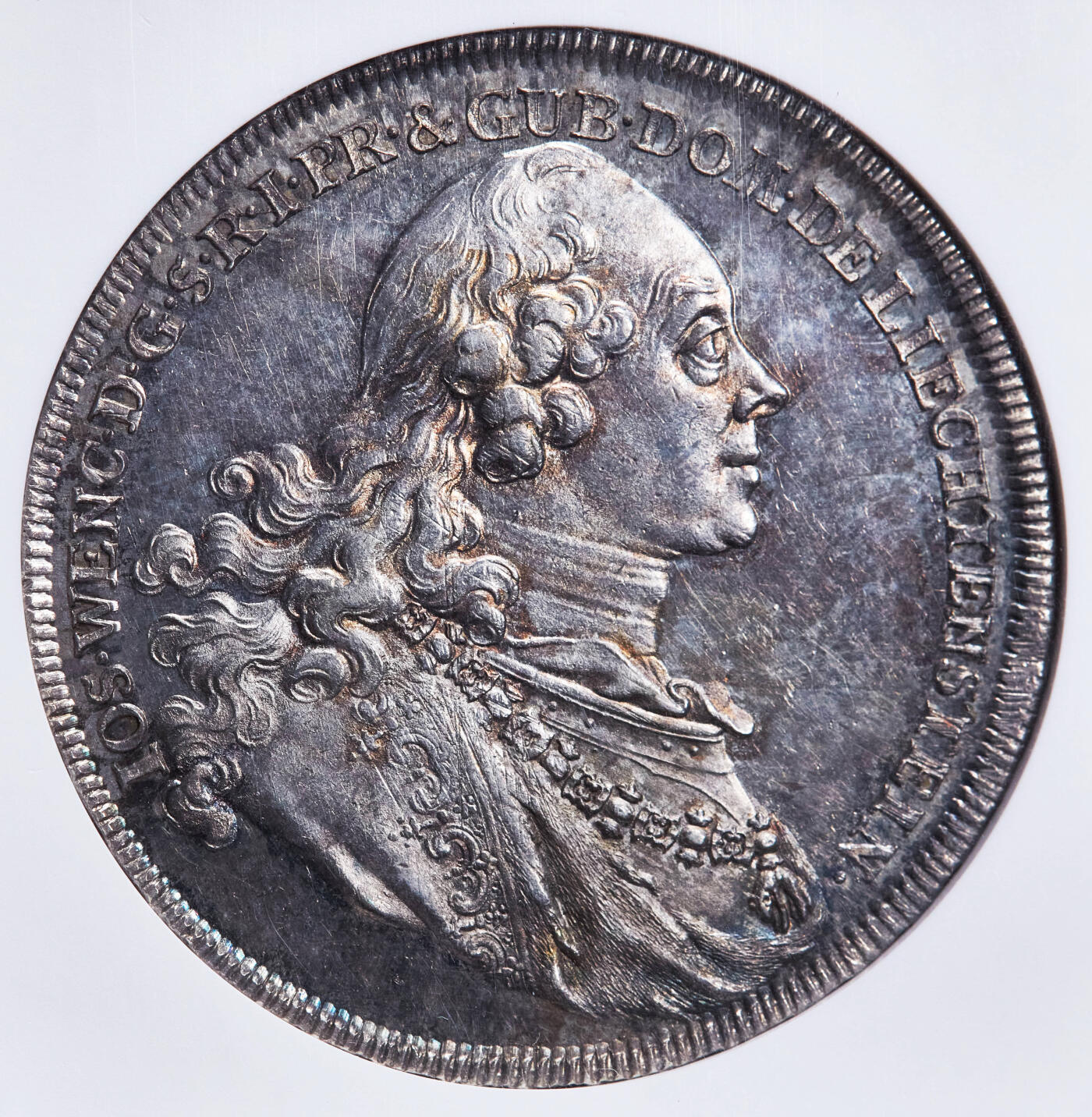 【俄甄集藏】“万象更新、马呈祥瑞”迎新春俄甄精品场-2026年(047)01-21 星期三 晚 19:30 全场包邮 神圣罗马帝国-列支敦士登大公国1758年约瑟夫·文策尔一世天使盾徽1泰勒大银币，NGC MS62，稀有品种，发行量700枚，五彩包浆，原光品相，底板凝霜，季军