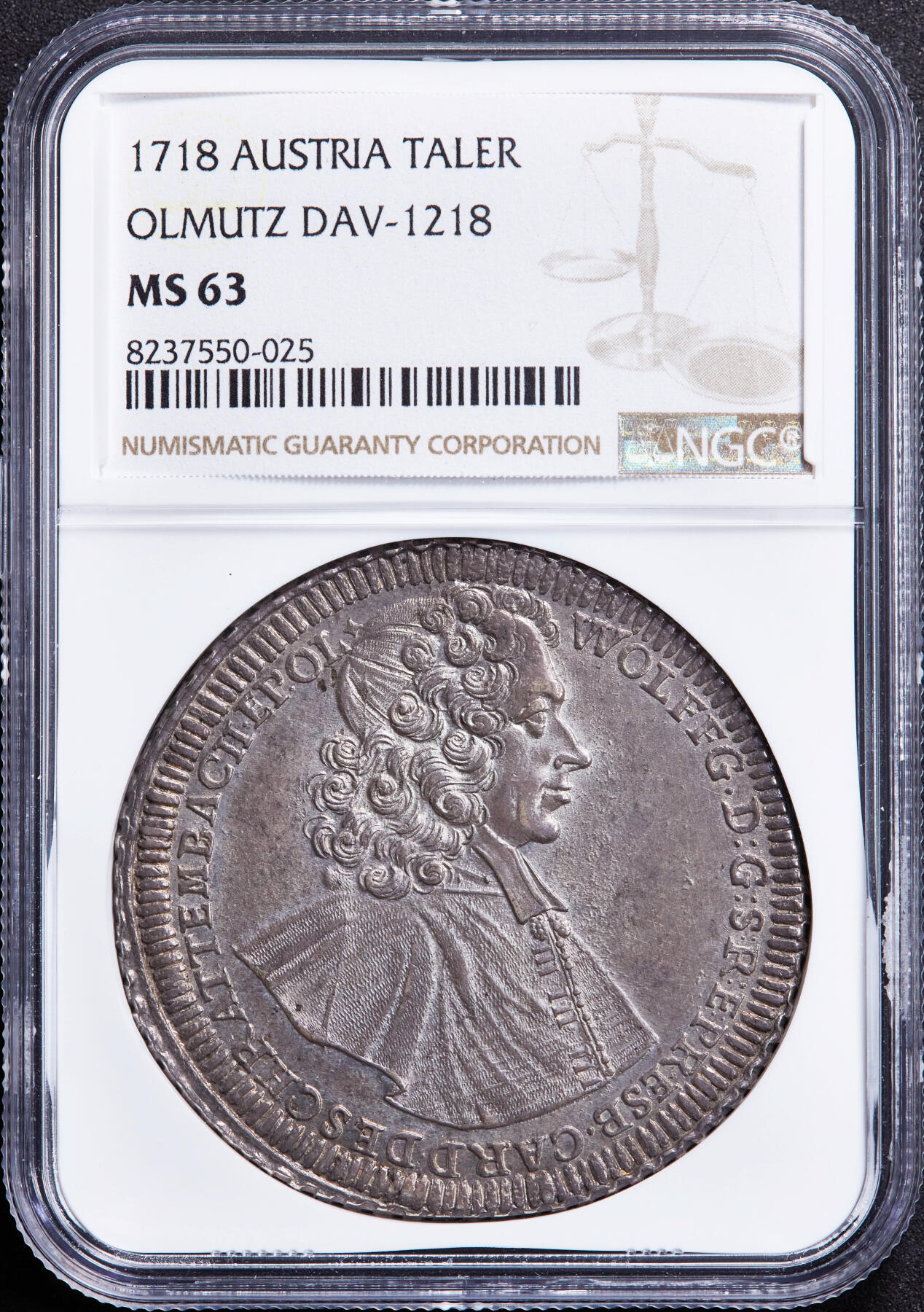 【俄甄集藏】“万象更新、马呈祥瑞”迎新春俄甄精品场-2026年(047)01-21 星期三 晚 19:30 全场包邮 神圣罗马帝国-奥地利奥洛穆茨主教区1718年沃尔夫冈·汉尼拔·冯·施拉滕巴赫主教亲王1泰勒大银币，NGC MS63，原味老包浆，细节犀利无可挑剔，稀有品种，唯一冠军分