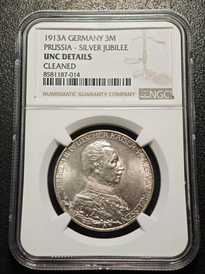 【德藏】世界币章拍卖第162期（拍品征集中~欢迎藏友联系） - 1913年 德国普鲁士威廉二世军装3马克银币 NGC UNC