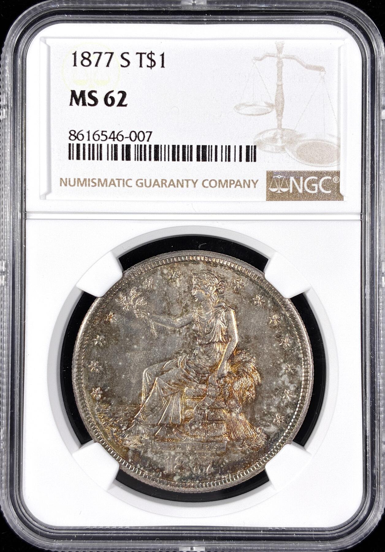 【雨安】【直播拍卖】【第0124期-评级币章】2026-01-17 周六 19:30 [评级美洲] 美国 1美元 KM#0108 (1873-1885) 拿花 1877年S  NGC-MS62