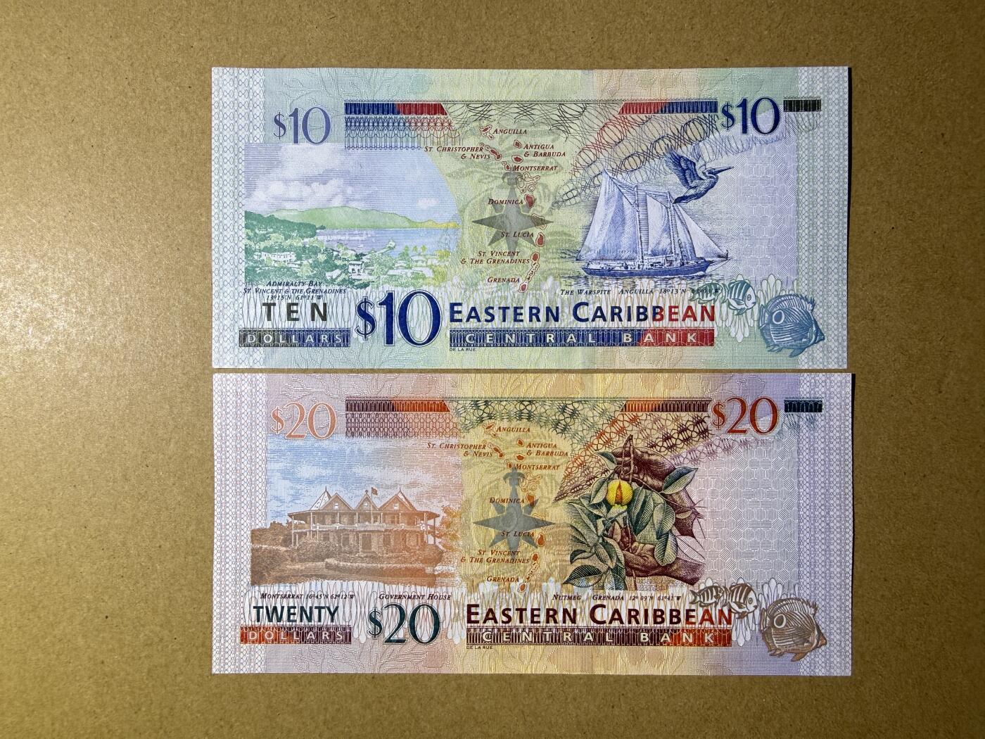 《艾美收藏》第229期-1.18周日外币荟萃 东加勒比10、20元2张 UNC 2015年女王