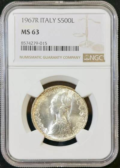 甄臻铺-世界币章拍卖（第48期）精品场拍品征集中，送拍享返佣金等优惠多多 - NGC-MS63 1967年意大利帆船少女500里拉，卷拆低评