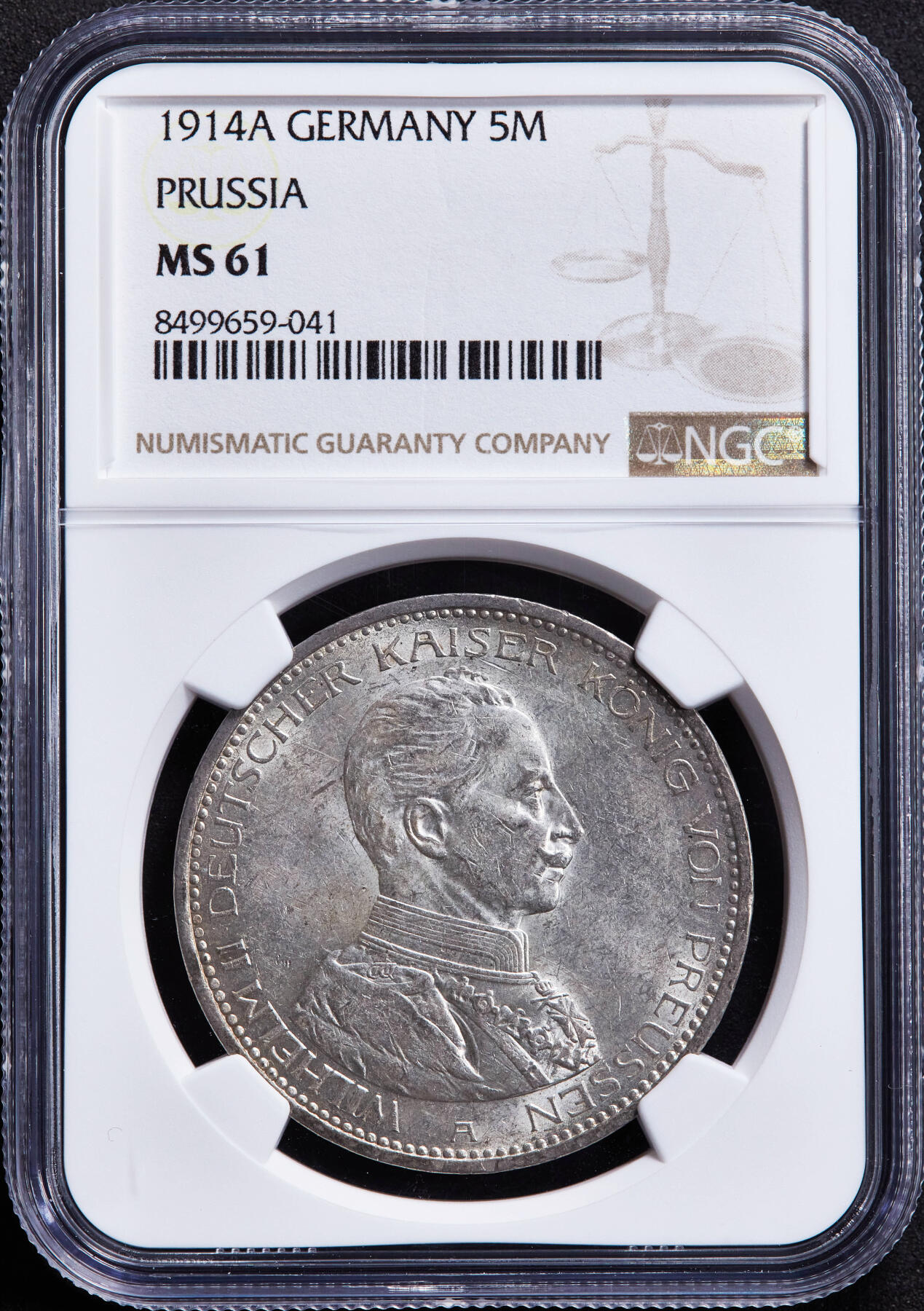 【俄甄集藏】“万象更新、马呈祥瑞”迎新春俄甄精品场-2026年(047)01-21 星期三 晚 19:30 全场包邮 德国普鲁士1914年A版威廉二世军装5马克大银币，NGC MS61，转光品相