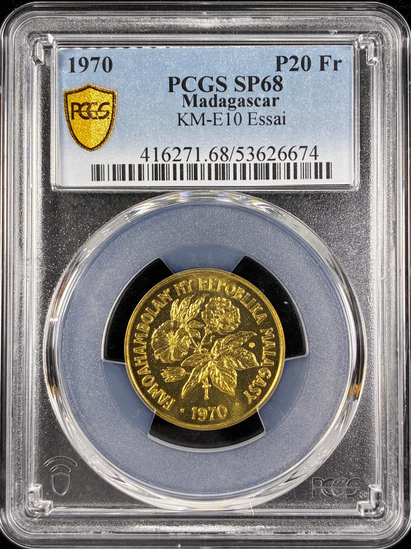 【雨安】【直播拍卖】【第0124期-评级币章】2026-01-17 周六 19:30 [评级样币] Madagascar 马达加斯加 样币 20法郎 1970年 PCGS-SP68