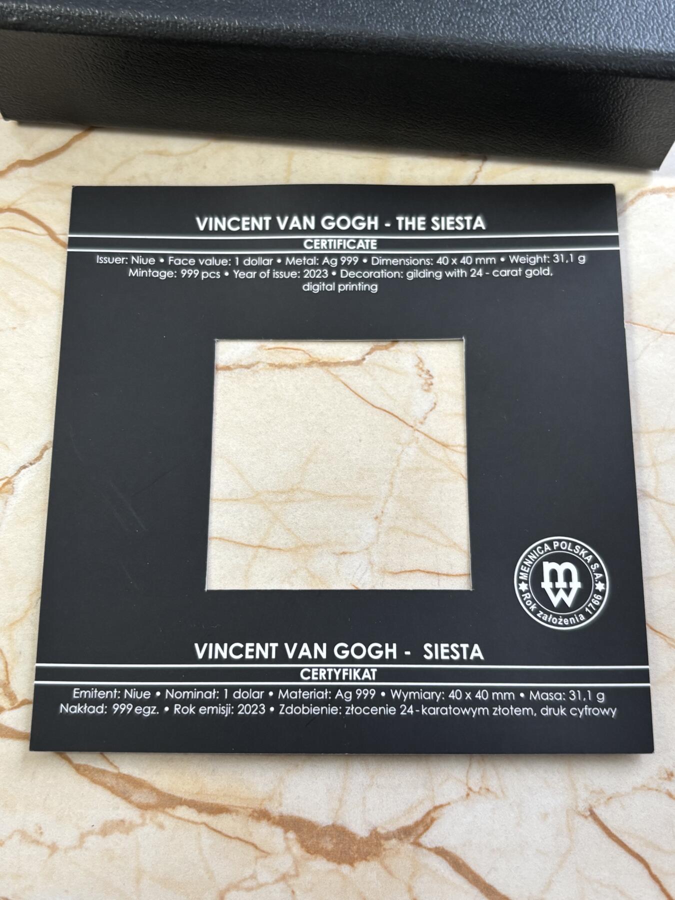 第188期拍卖 纽埃2023年世界名画系列梵高午睡1盎司镀金彩银币，999银镀金，1盎司，发行999枚