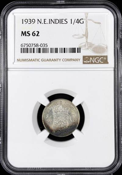 【雨安】【直播拍卖】【第0124期-评级币章】2026-01-17 周六 19:30 - [评级亚洲] Netherlands East Indies 荷属东印度 1/4盾 1939年  NGC-MS62