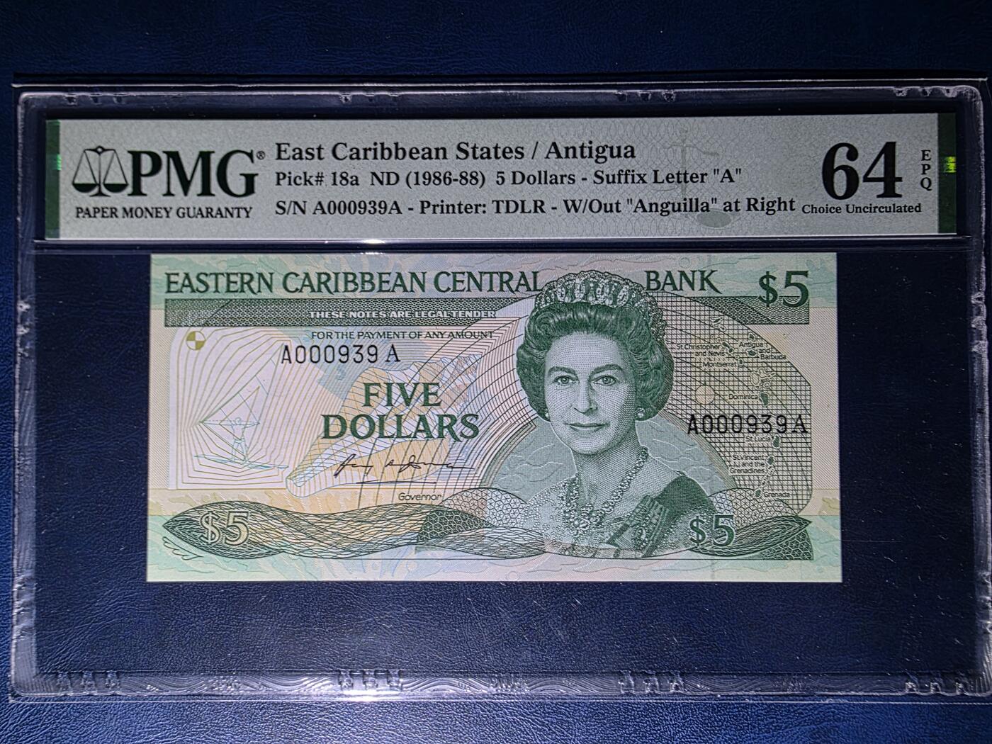 叁拾收藏第34期 东加勒比1986年  AA冠 百位数5元  PMG64E