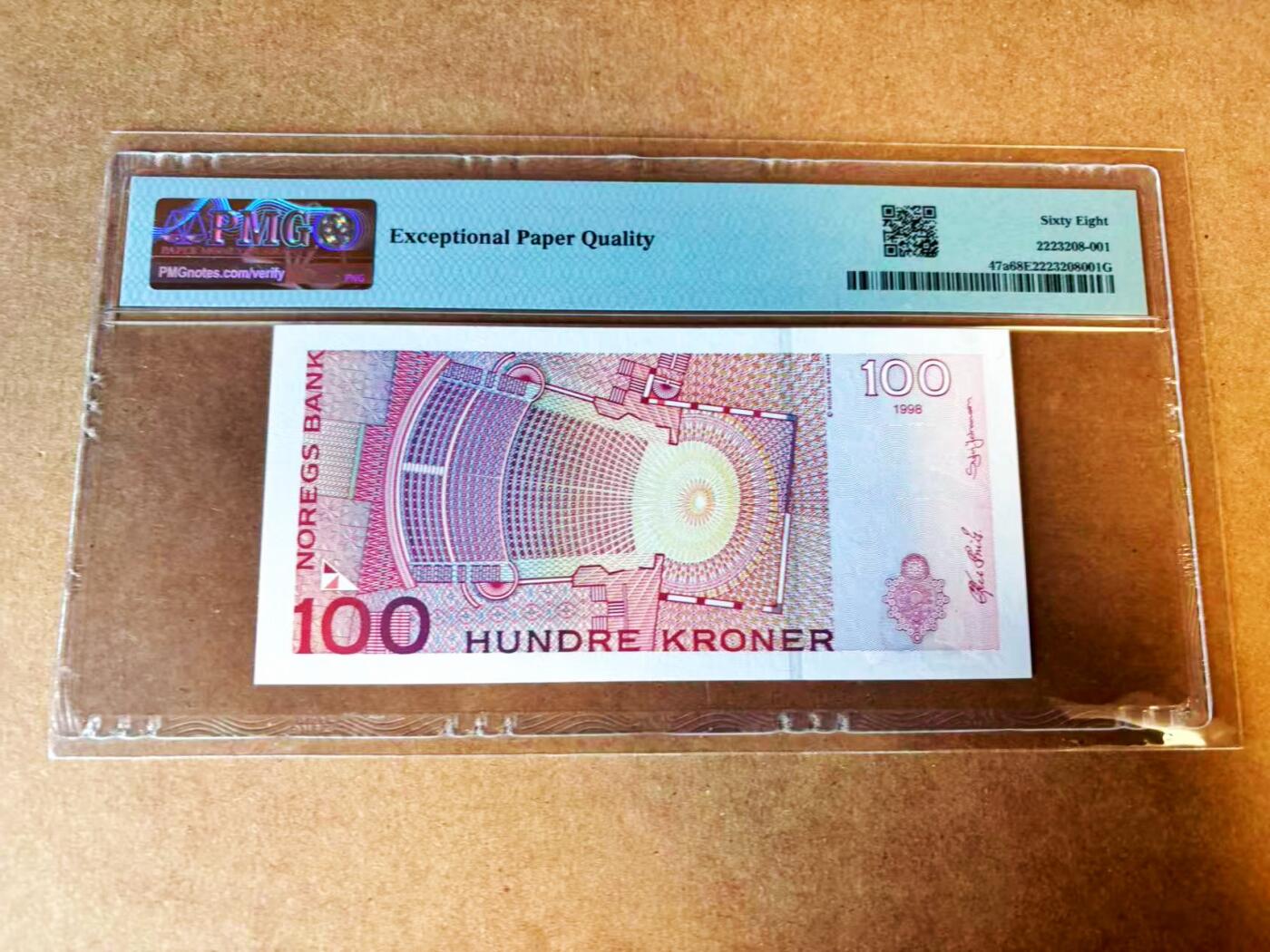 【Blue Auction】世界纸币精拍第776期——18级TOP拍卖/信誉/品质/专业/高效💫 【a版】挪威 1995-98年100克朗  PMG68EPQ 高分