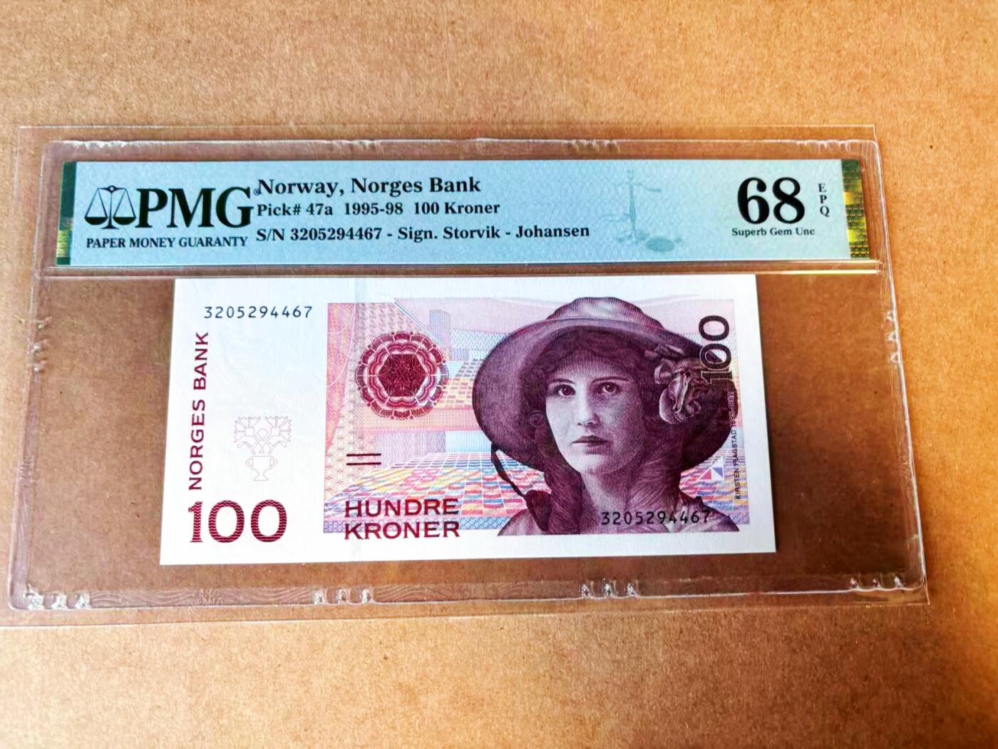 【Blue Auction】世界纸币精拍第776期——18级TOP拍卖/信誉/品质/专业/高效💫 【a版】挪威 1995-98年100克朗  PMG68EPQ 高分