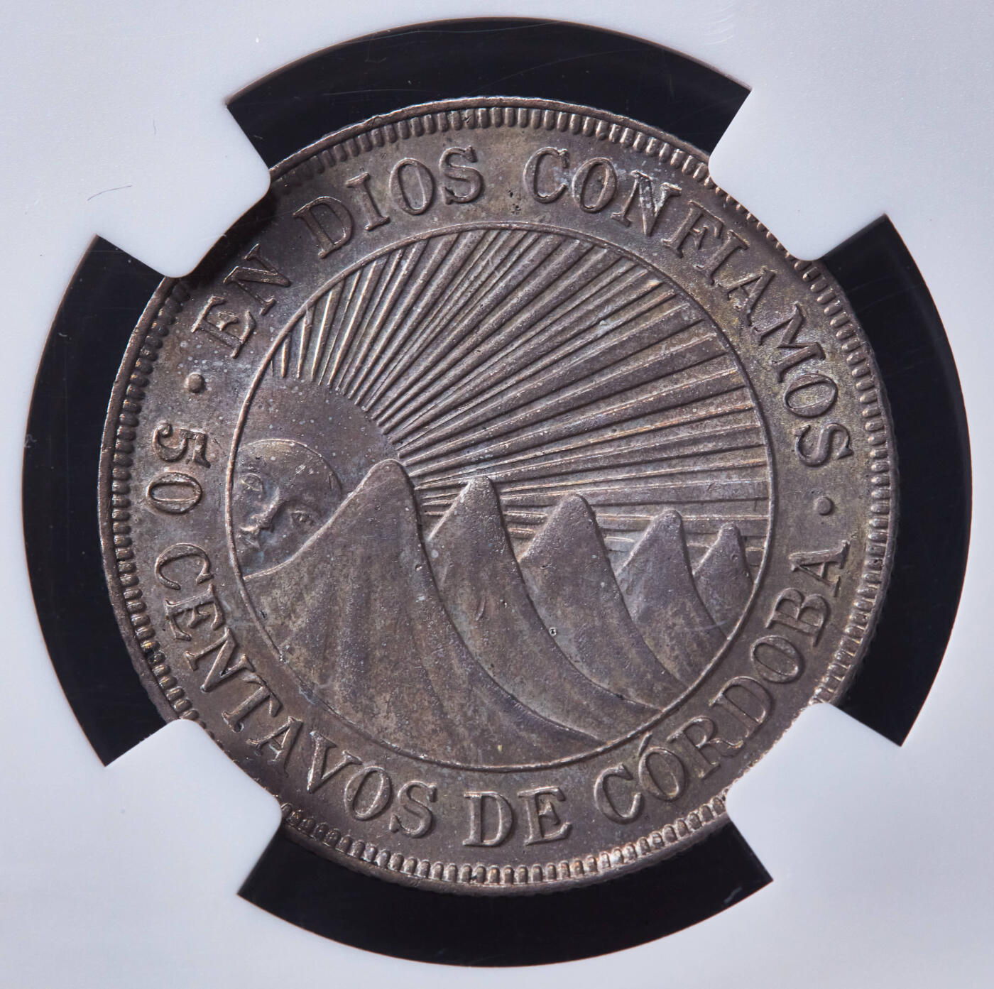 【俄甄集藏】“万象更新、马呈祥瑞”迎新春俄甄精品场-2026年(047)01-21 星期三 晚 19:30 全场包邮 尼加拉瓜1912年民族英雄吉尔·冈萨雷斯·德·阿维拉头像H版50分银币，NGC MS63，喜敦造币厂独年版，黄油酱彩老包浆，太阳脸与马德雷山脉设计经典，状态难得