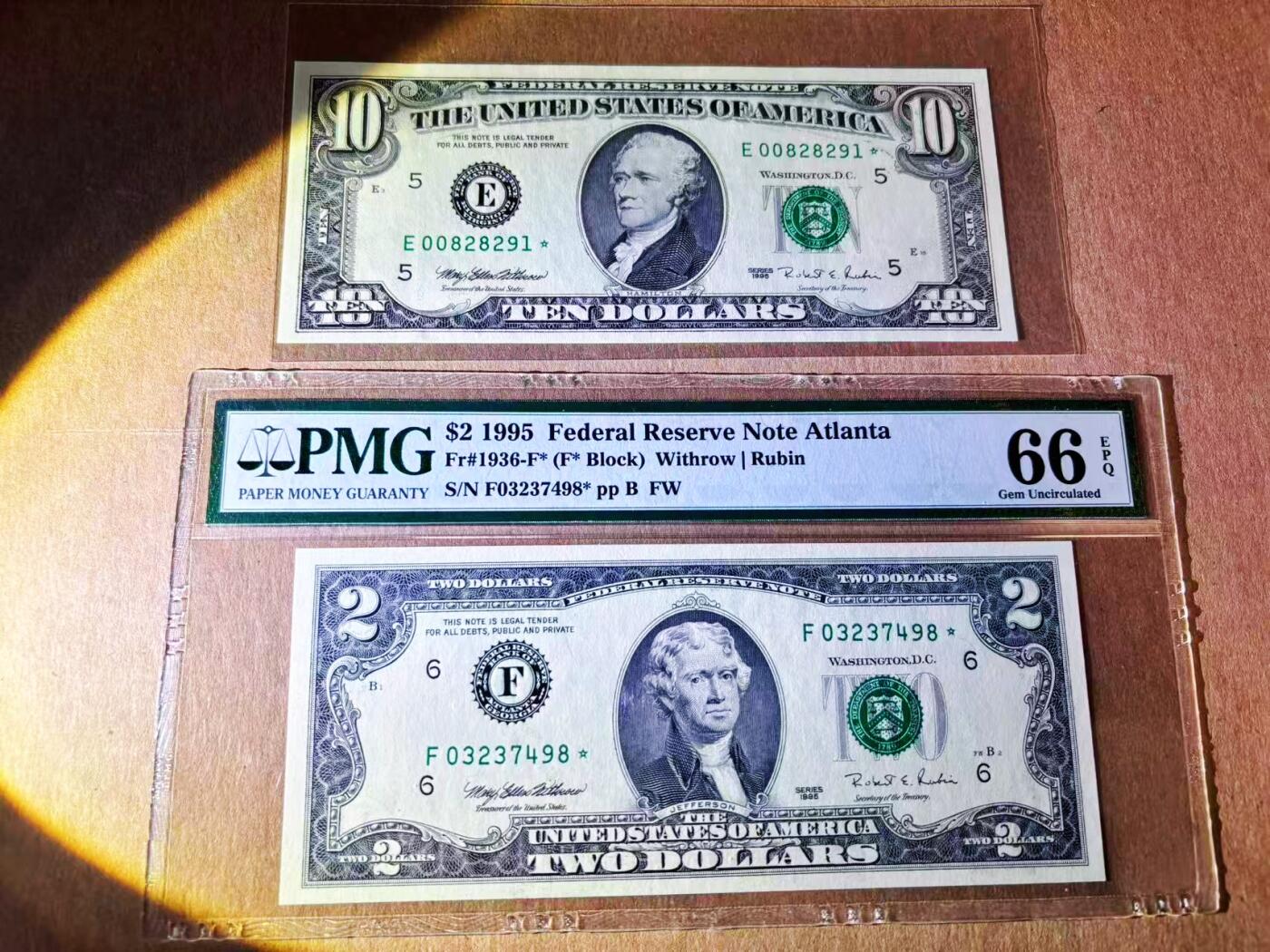 【Blue Auction】世界纸币精拍第776期——18级TOP拍卖/信誉/品质/专业/高效💫 【一组2张补号】美国 1995年2-10美金 PMG66EPQ/UNC-
