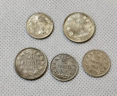 甄臻铺-世界币章拍卖（第48期）精品场拍品征集中，送拍享返佣金等优惠多多 - 五枚一组，俄占芬兰25芬尼银币×3  50芬尼×2 unc品相，转光底板都不错，品相如图