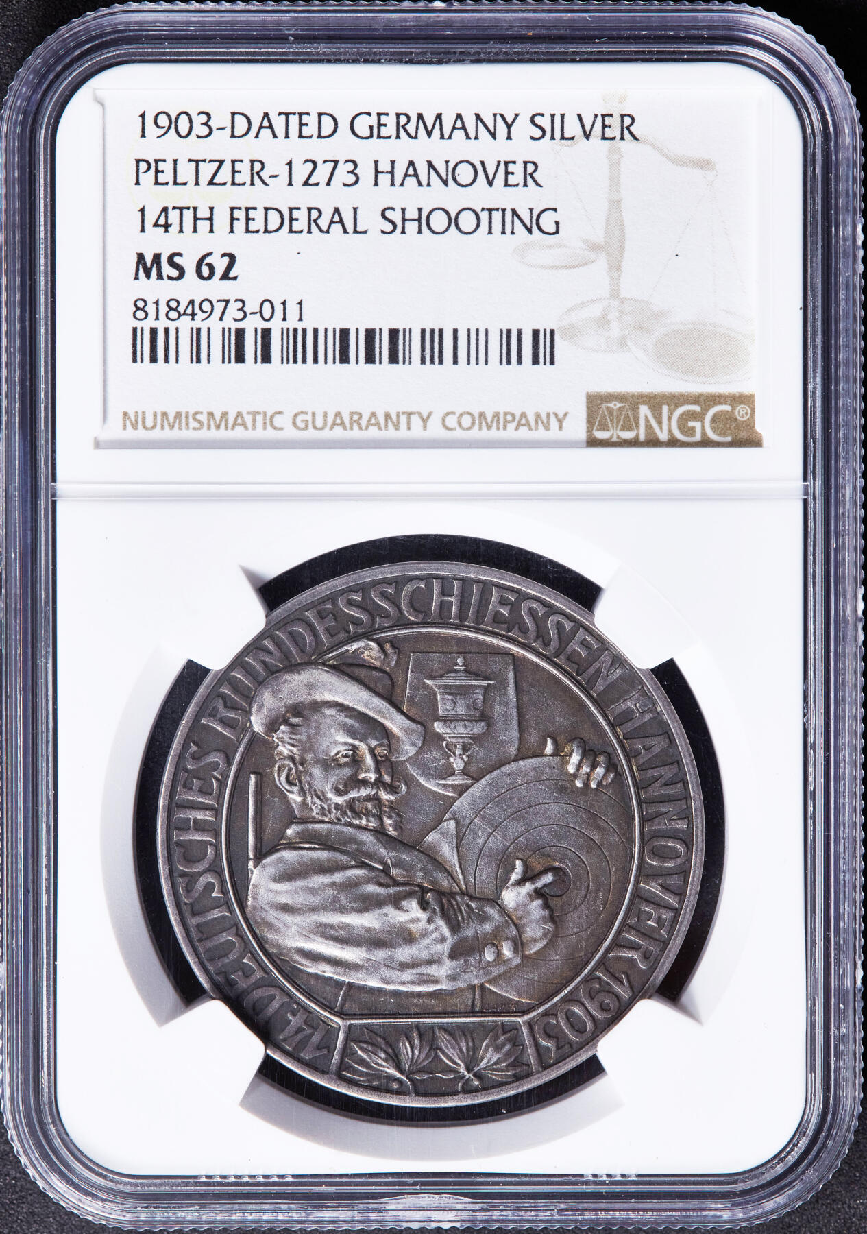 【俄甄集藏】“万象更新、马呈祥瑞”迎新春俄甄精品场-2026年(047)01-21 星期三 晚 19:30 全场包邮 德国汉诺威1903年纪念第14届联邦射击节银章，NGC MS62，原味酱彩老包浆，设计精美