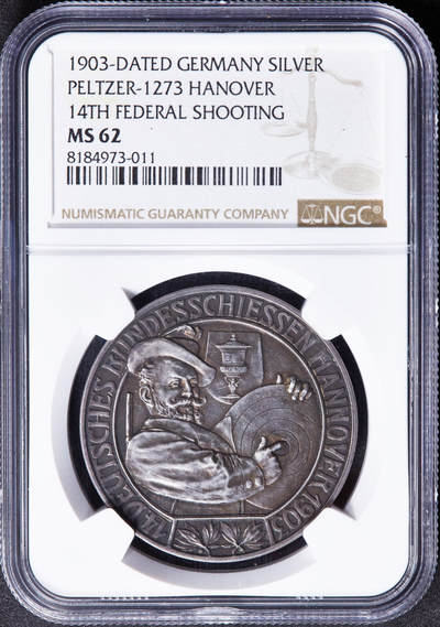 【俄甄集藏】“万象更新、马呈祥瑞”迎新春俄甄精品场-2026年(047)01-21 星期三 晚 19:30 全场包邮 - 德国汉诺威1903年纪念第14届联邦射击节银章，NGC MS62，原味酱彩老包浆，设计精美