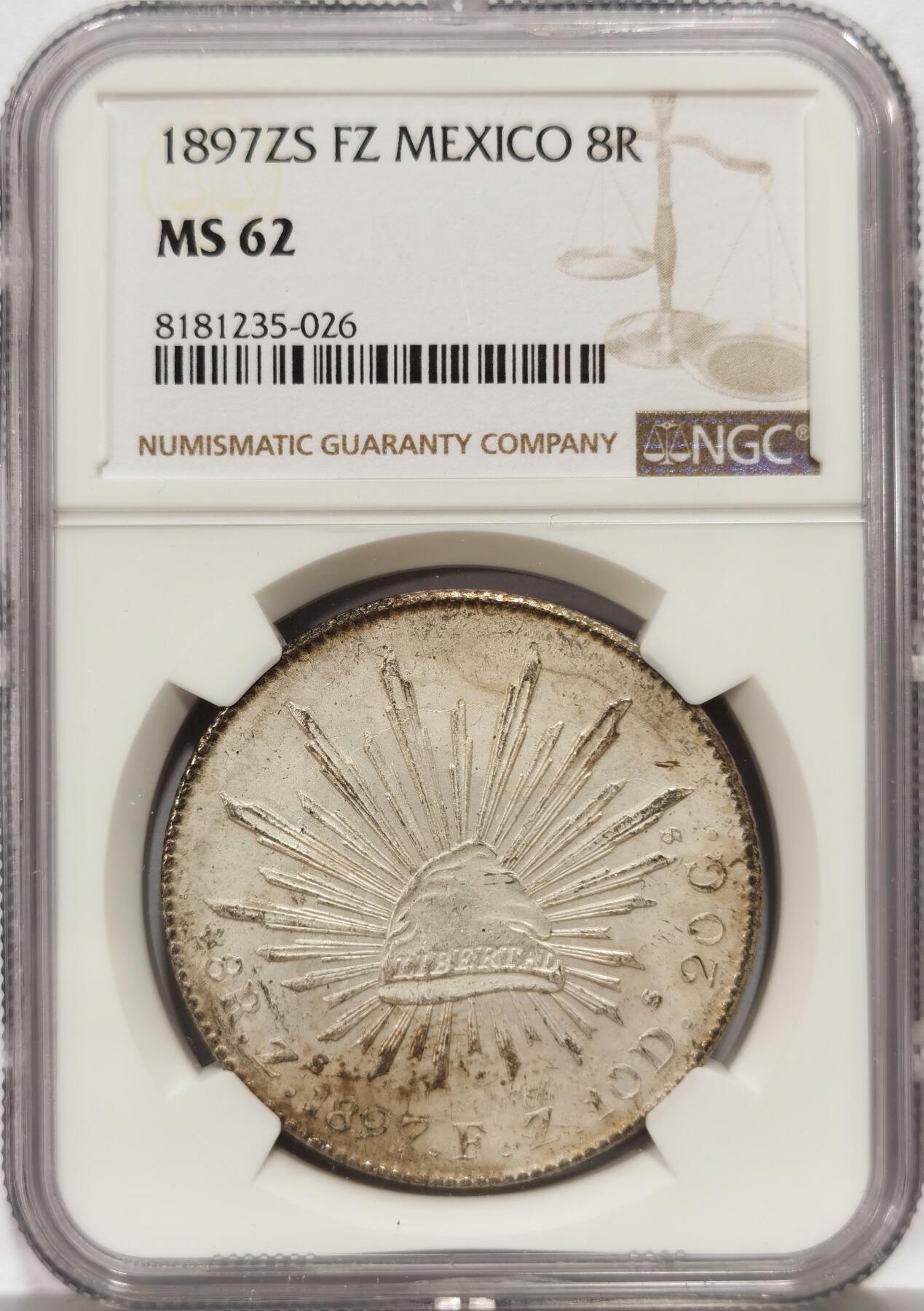 博洋堂世界钱币拍卖第157期（全场包邮） NGC MS62 墨西哥1897年ZS FZ版花边鹰洋，关门年份，原味窖藏包浆，滴水未下