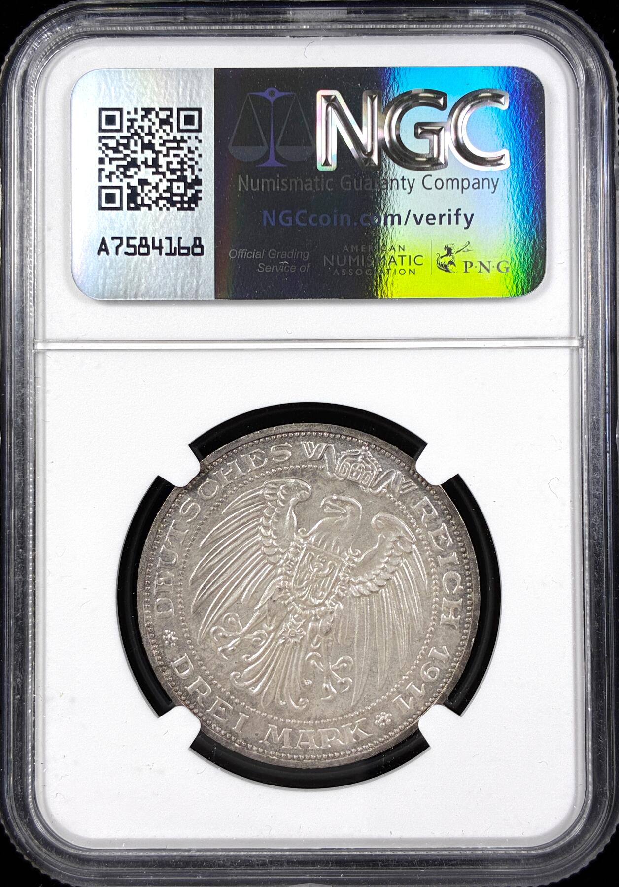 【雨安】【直播拍卖】【第0124期-评级币章】2026-01-17 周六 19:30 [评级德国] Germany 德国 帝国 普鲁士 3马克 (1911) 布雷斯劳大学 1911年  NGC-UNC