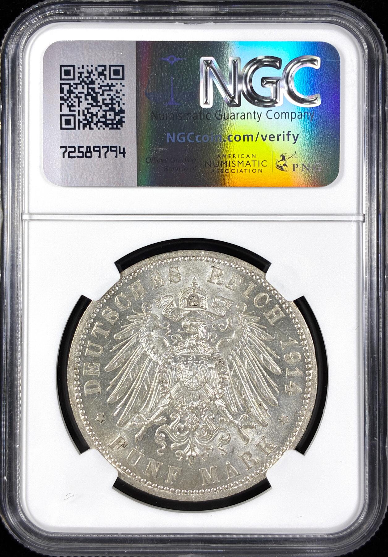 【雨安】【直播拍卖】【第0124期-评级币章】2026-01-17 周六 19:30 [评级德国] Germany 德国 帝国 普鲁士 5马克 (1913-1914) 军装 1913年  NGC-MS62