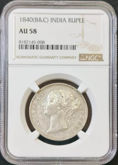 甄臻铺-世界币章拍卖（第48期）精品场拍品征集中，送拍享返佣金等优惠多多 - NGC-MS58英属印度1840年维多利亚女王1卢比银币