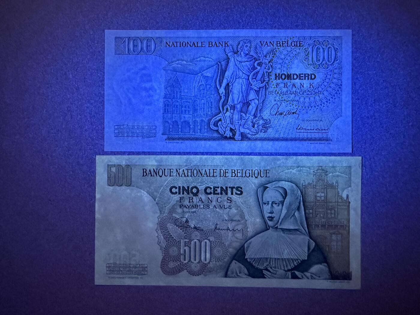 《艾美收藏》第229期-1.18周日外币荟萃 比利时100、500法郎2张 UNC 倒三版 局部荧光