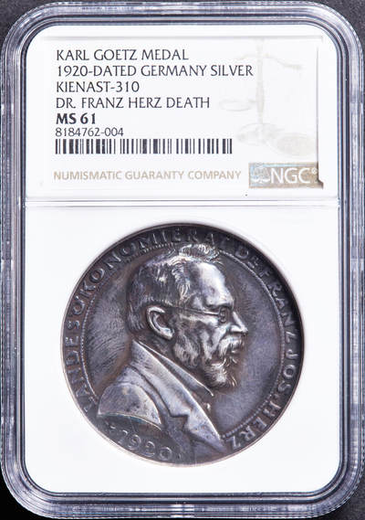 【俄甄集藏】“万象更新、马呈祥瑞”迎新春俄甄精品场-2026年(047)01-21 星期三 晚 19:30 全场包邮 - 德国魏玛1920年纪念乳业经济学家弗朗茨·赫兹博士银章，NGC MS61，卡尔·哥茨作品，高浮雕，酱彩包浆，少见品种